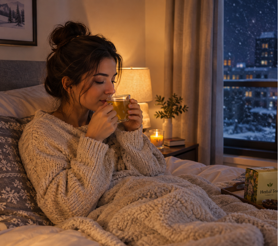 A woman in a cozy sweater sips caffeine-free herbal tea for sleep from a glass cup in bed on a snowy winter night.