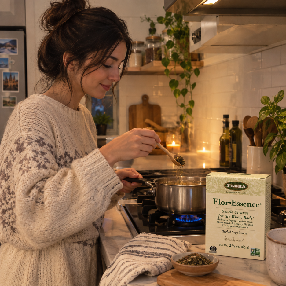 A woman brews FlorEssence organic herbal tea at home, adding loose dried herbs to a pot on the stove, with the FlorEssence box on the counter beside her.