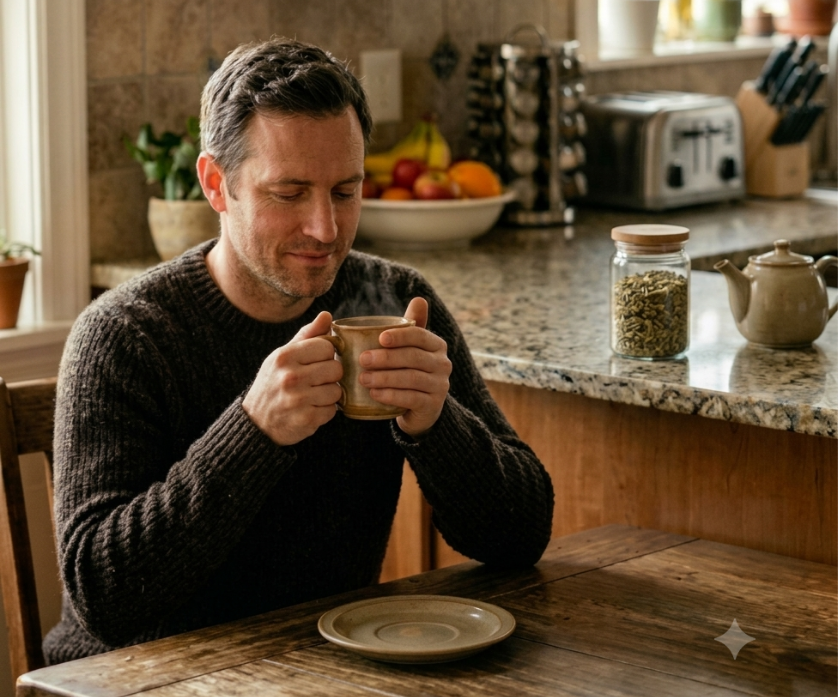 A man slowly sips a warm herbal detox drink at his kitchen table as part of his daily detox program, with a jar of loose dried herbs and a teapot on the counter behind him.